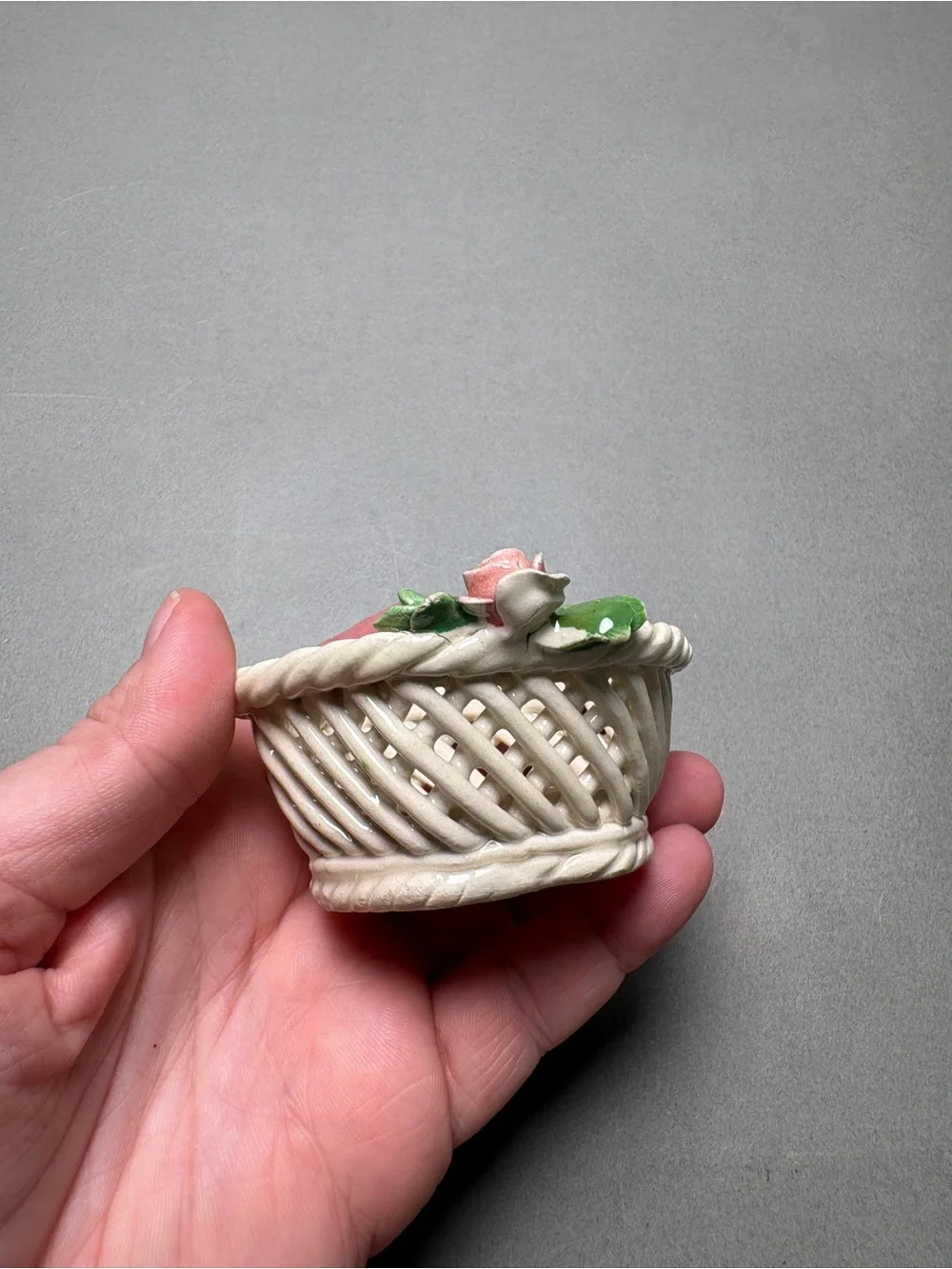 Cottagecore Handmade Italy Ceramic Rose Basket Pair Ring Dish Trinket Dish
